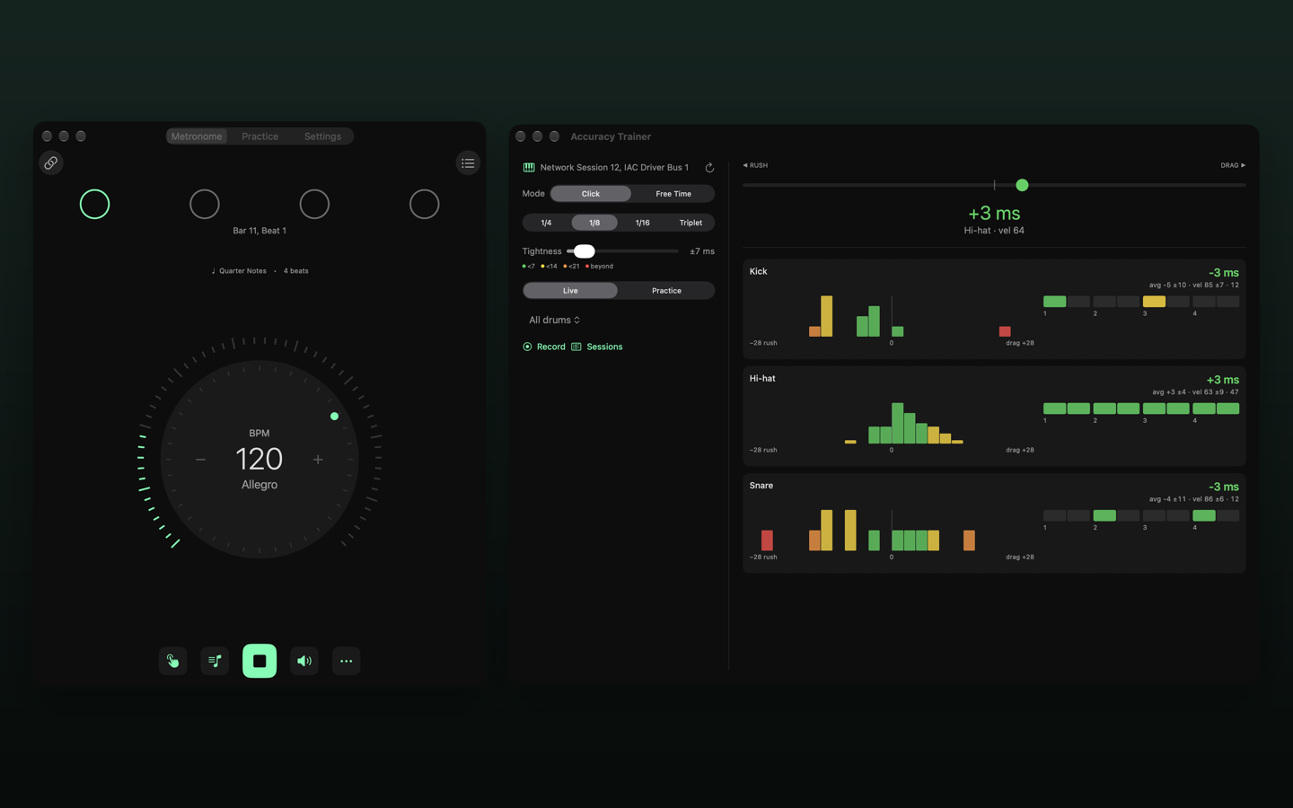 Accuracy Trainer on Mac showing live timing for each drum