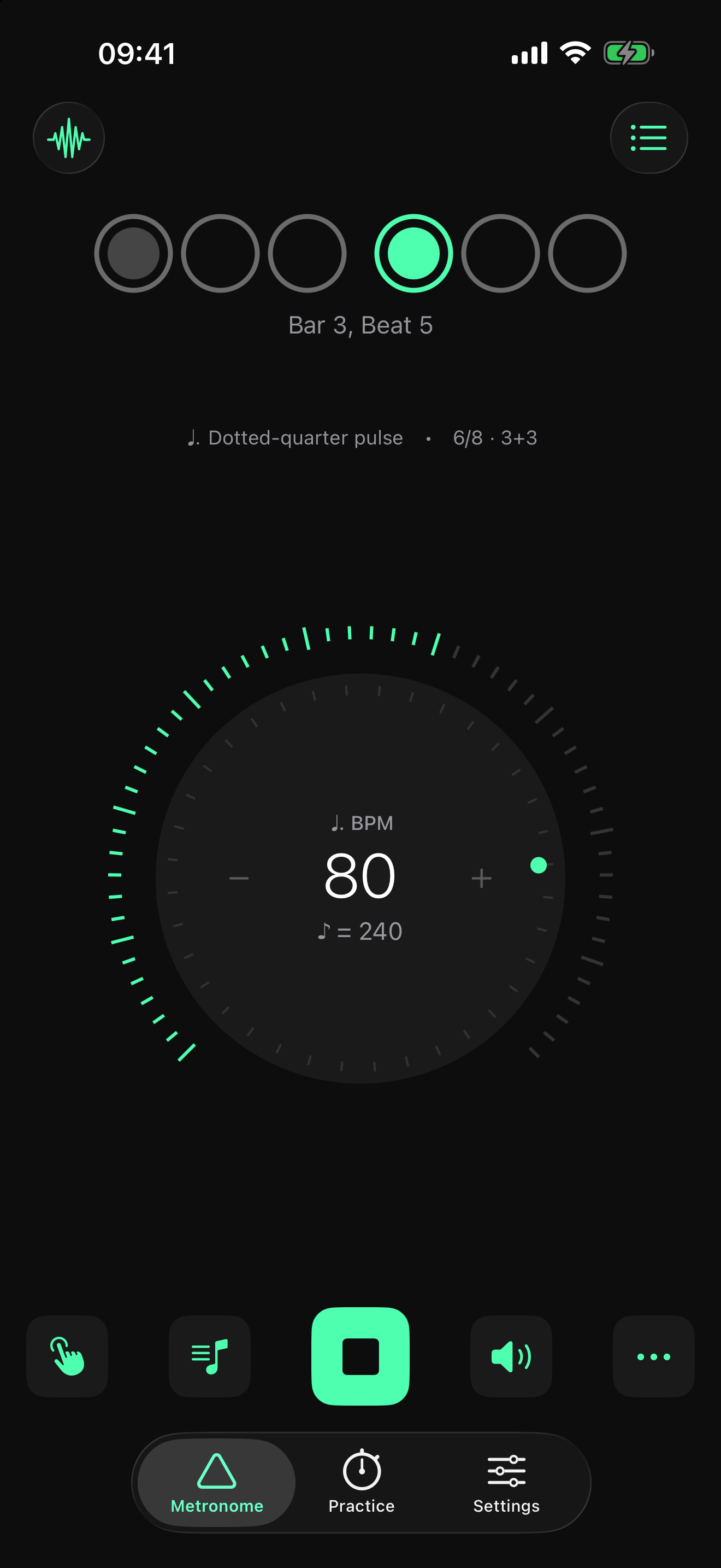 Metronome in 6/8 counting the dotted-quarter beat at 80 BPM