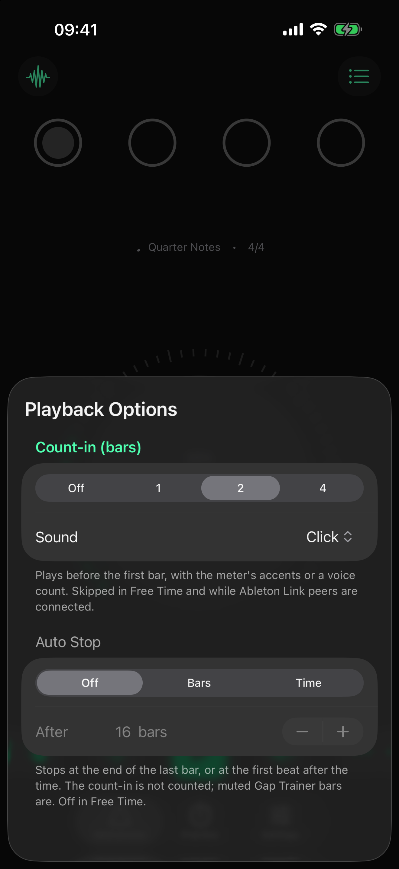 Playback Options sheet with count-in and auto stop