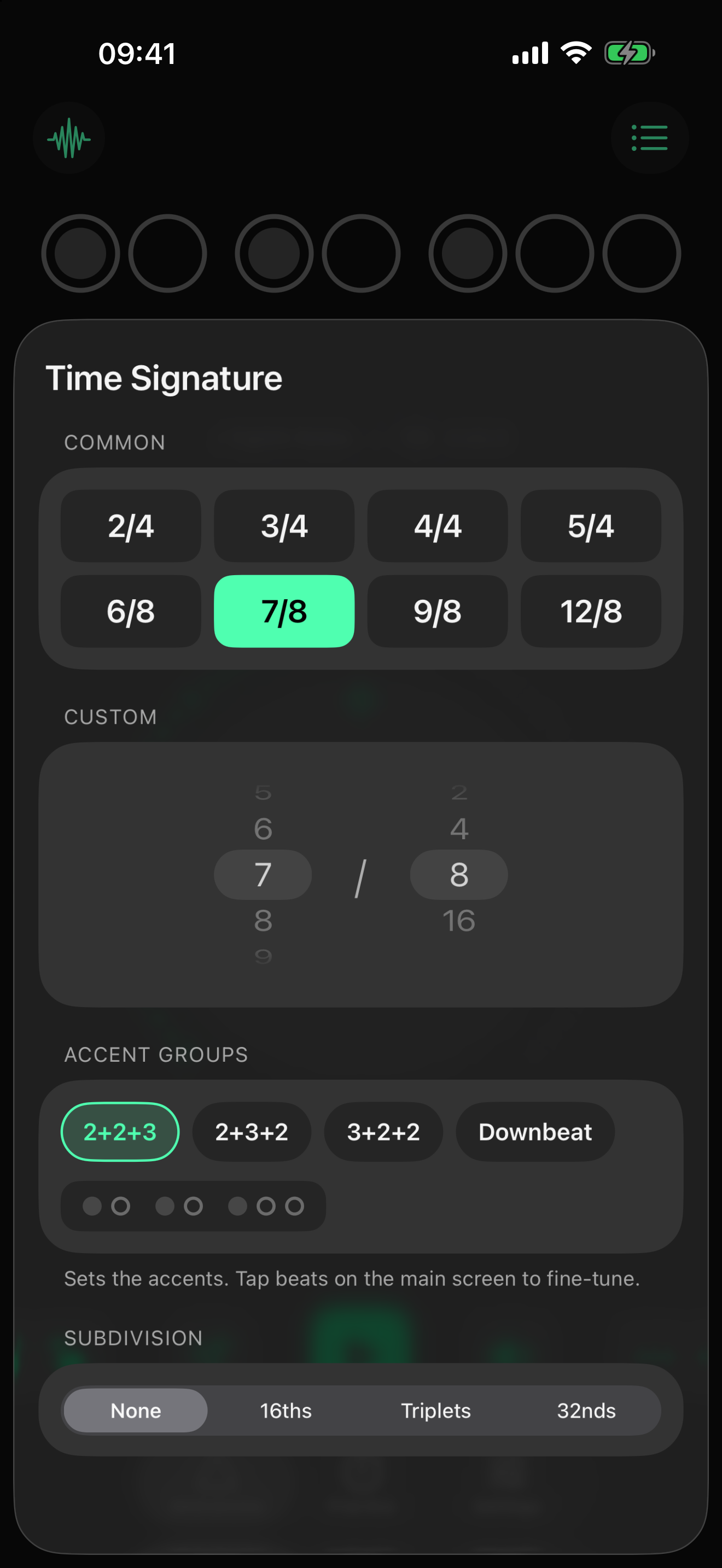 Time signature sheet with common meters, custom picker and accent groups